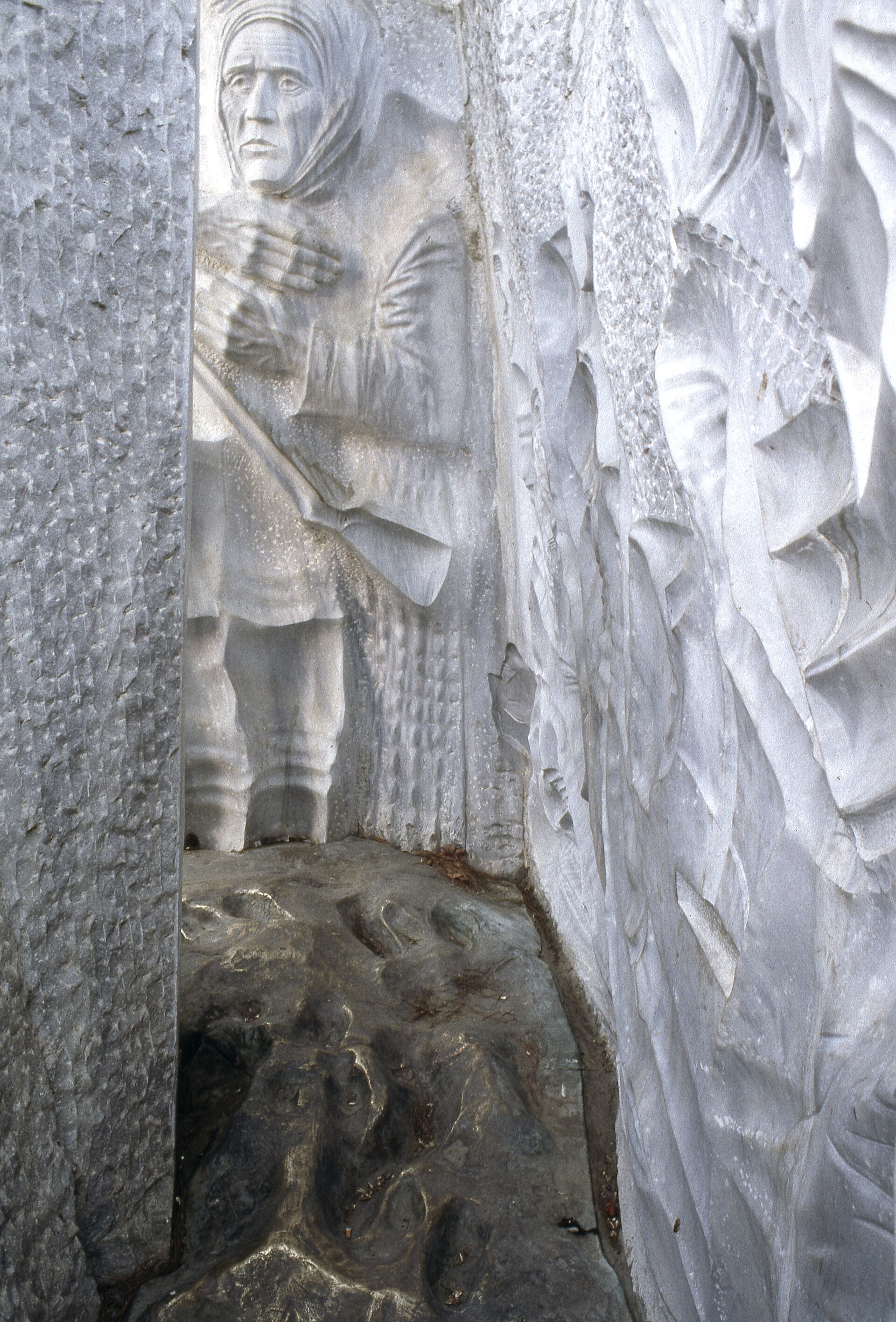 A carved female figure and surrounding stone reliefs from Mehmet Aksoy’s Road to Independence monument in Selçuk.